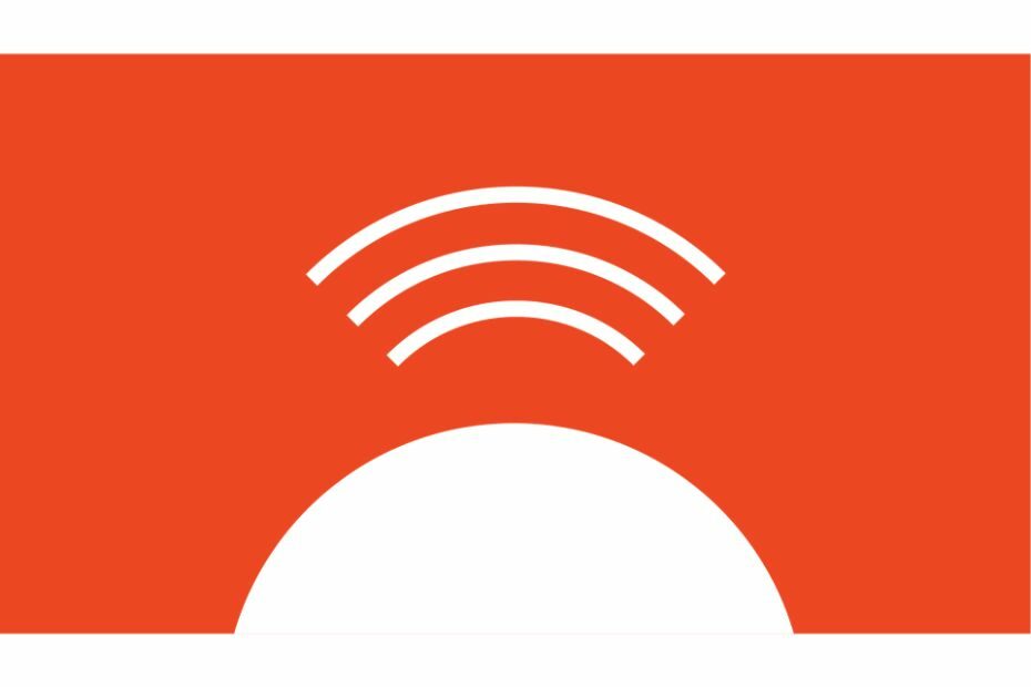 Fundo laranja com a ilustração em uma dimensão de um meio círculo branco na parte inferior emitindo três ondas de rádio.